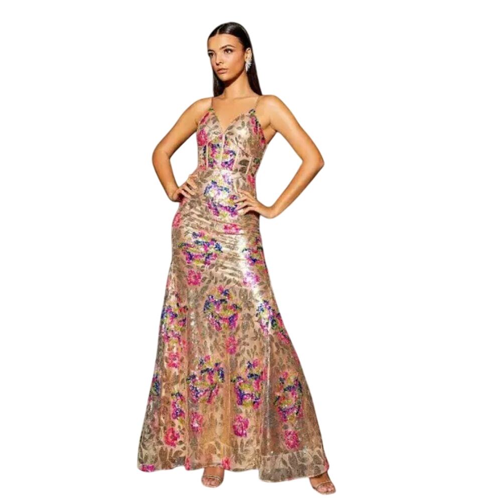 Dear Moon $209 Dress Dear Moon Floral Sequin Corset Lace-Up Back Long Dress Sz 1